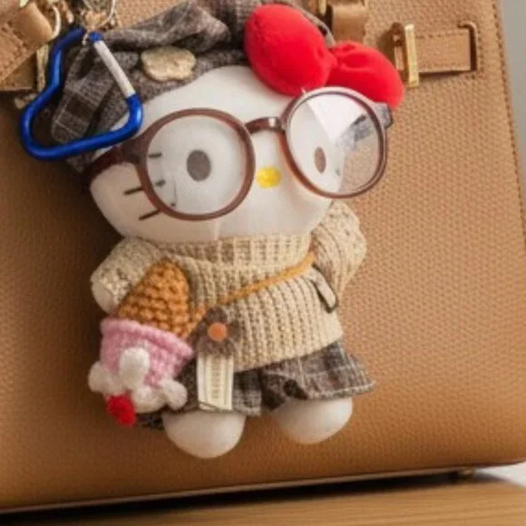 Hello Kitty Bag Charm – Plaid Hat, Knit Sweater, Glasses & Ice Cream Accessory - Picture 1 of 3